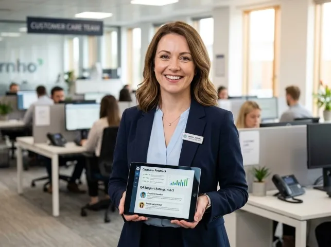 Appliance Repair Hero customer care lead reviewing post-repair feedback on a tablet