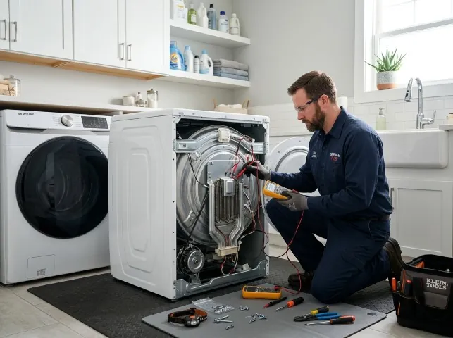 Appliance Repair Hero technician checking a dryer heating element with the rear panel off in Astoria, NY