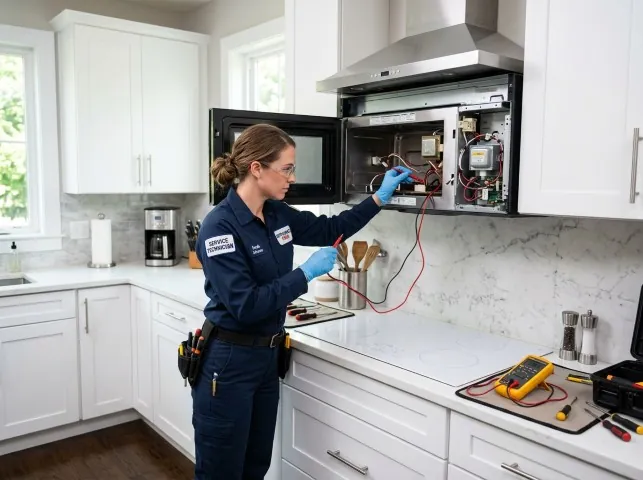 Appliance Repair Hero technician testing an over-the-range microwave in a Astoria, NY kitchen