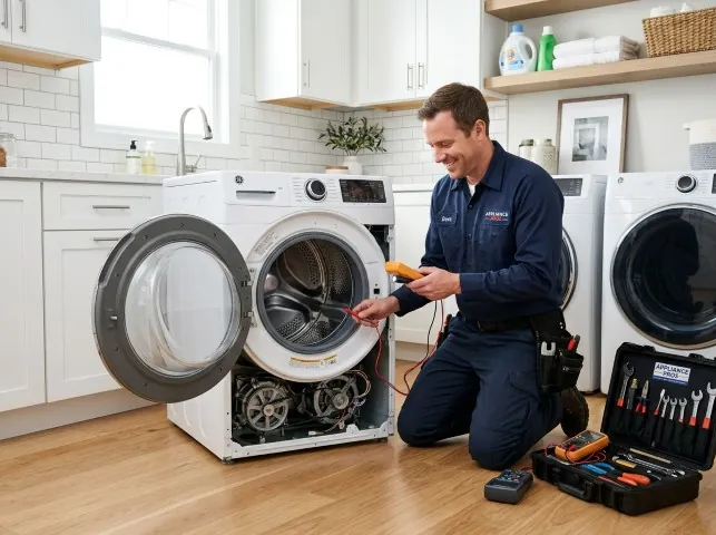 Appliance Repair Hero technician testing a front-load washer with a multimeter on a Astoria, NY service call